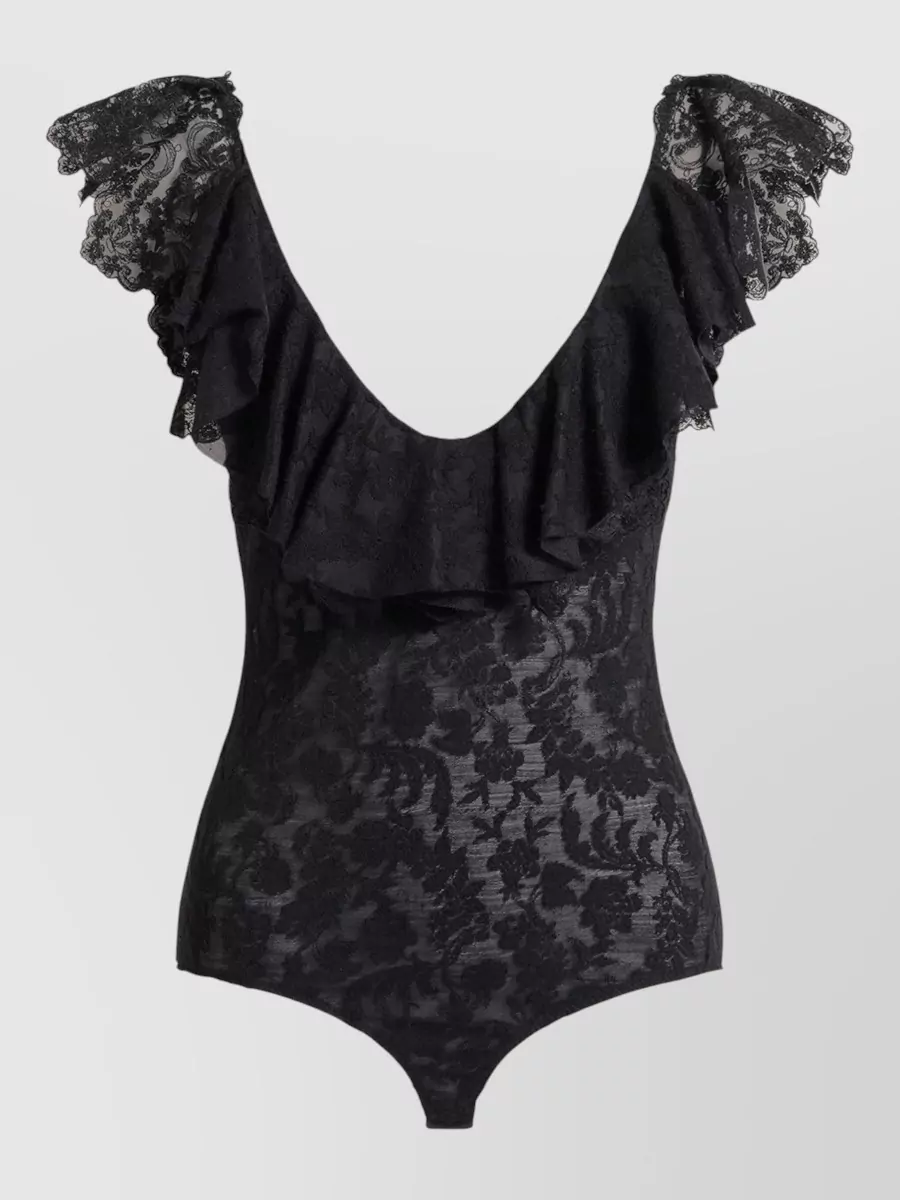 Alberta Ferretti Lace Bodysuit Deep Neckline Floral Pattern