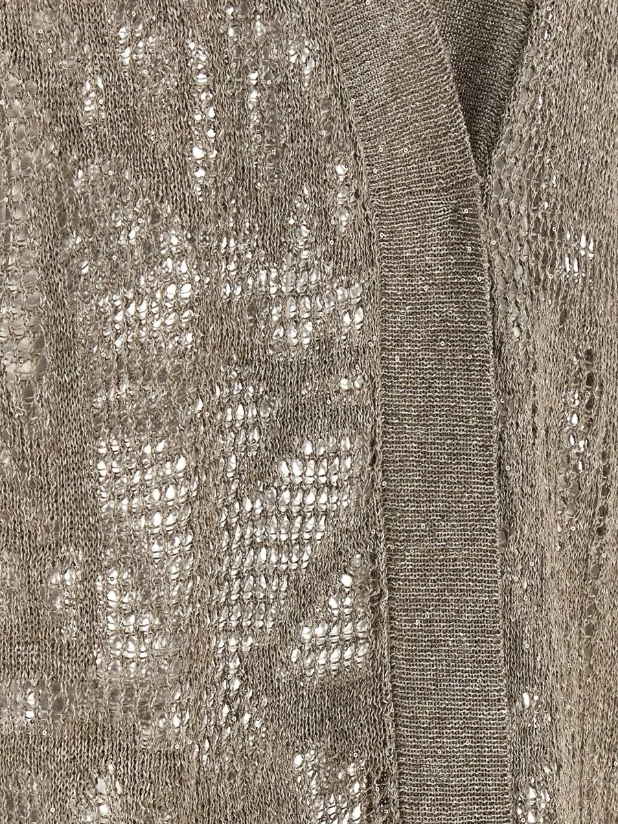 Brunello Cucinelli Linen Blend Mesh Knit Long V-Neck Short-Sleeve Cardigan