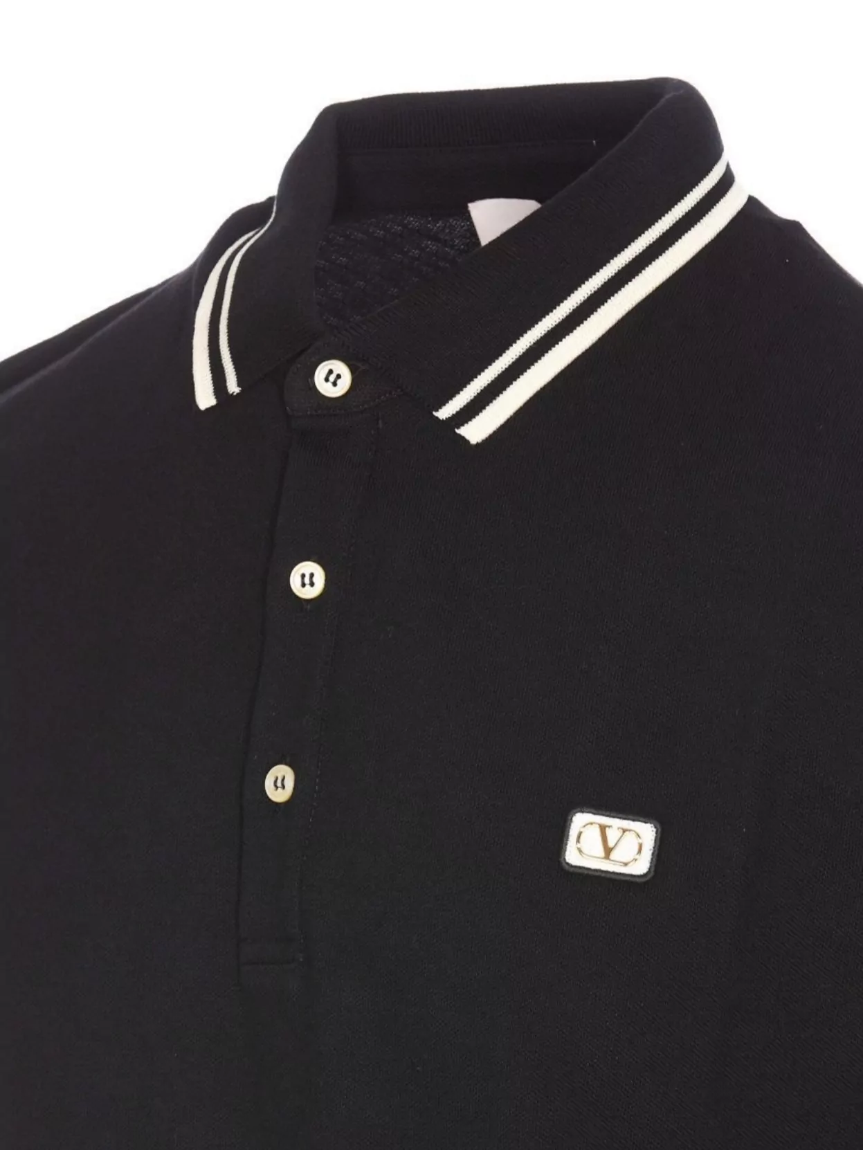 Valentino Garavani Black Polo Shirt With Classic Bicolor Collar And Logo Patch On The Front In Cotto