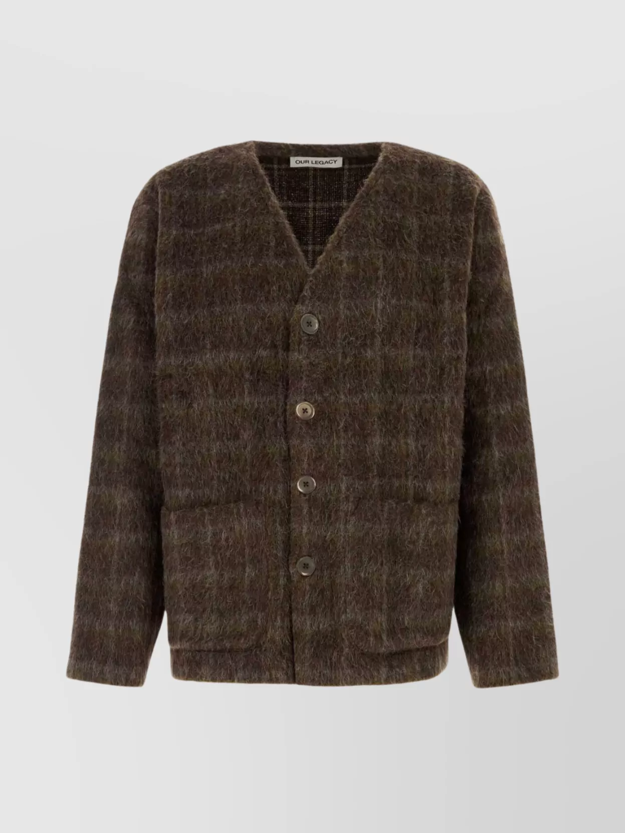 Our Legacy Embroidered Wool Blend V-neck Cardigan With Front Pockets In Brown
