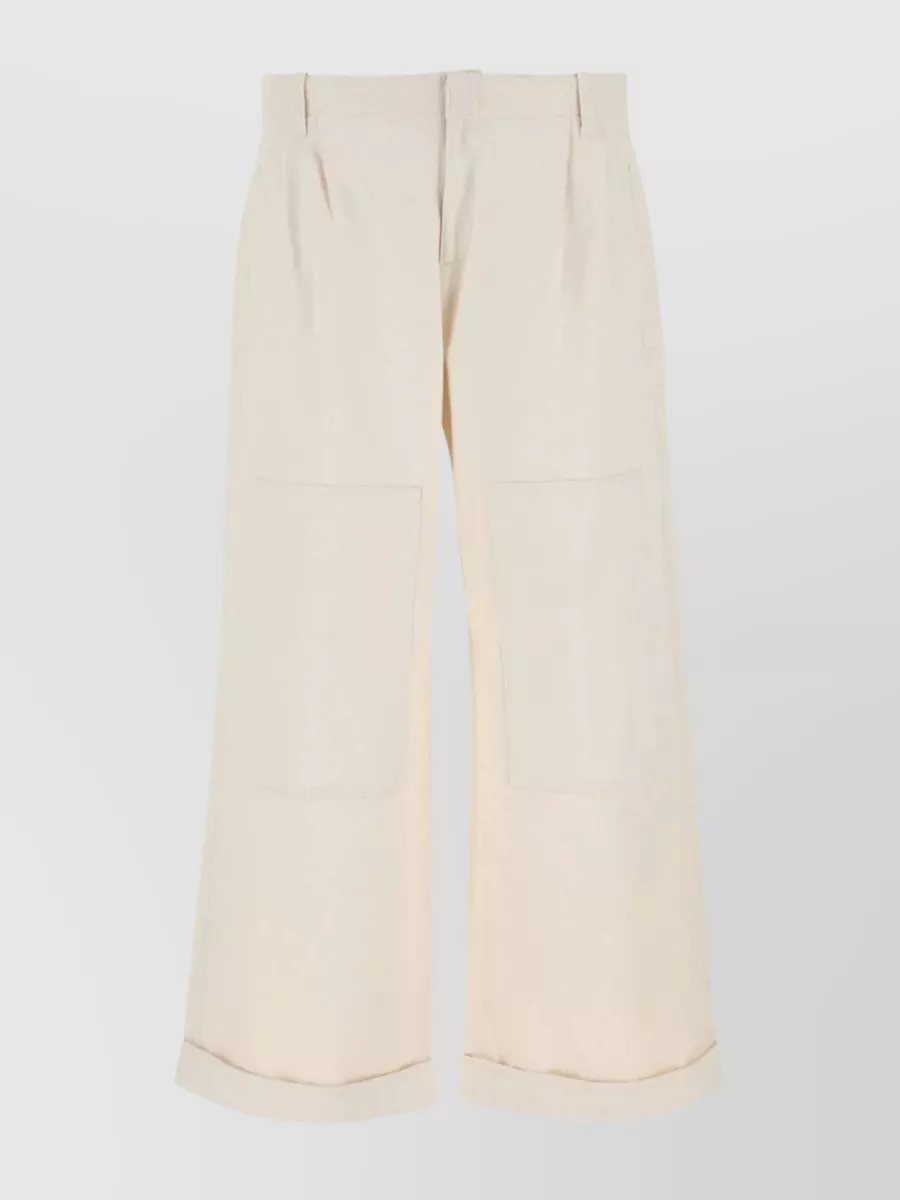 Shop Etro Folded Cuffs Wide-leg Cotton Trousers In Cream