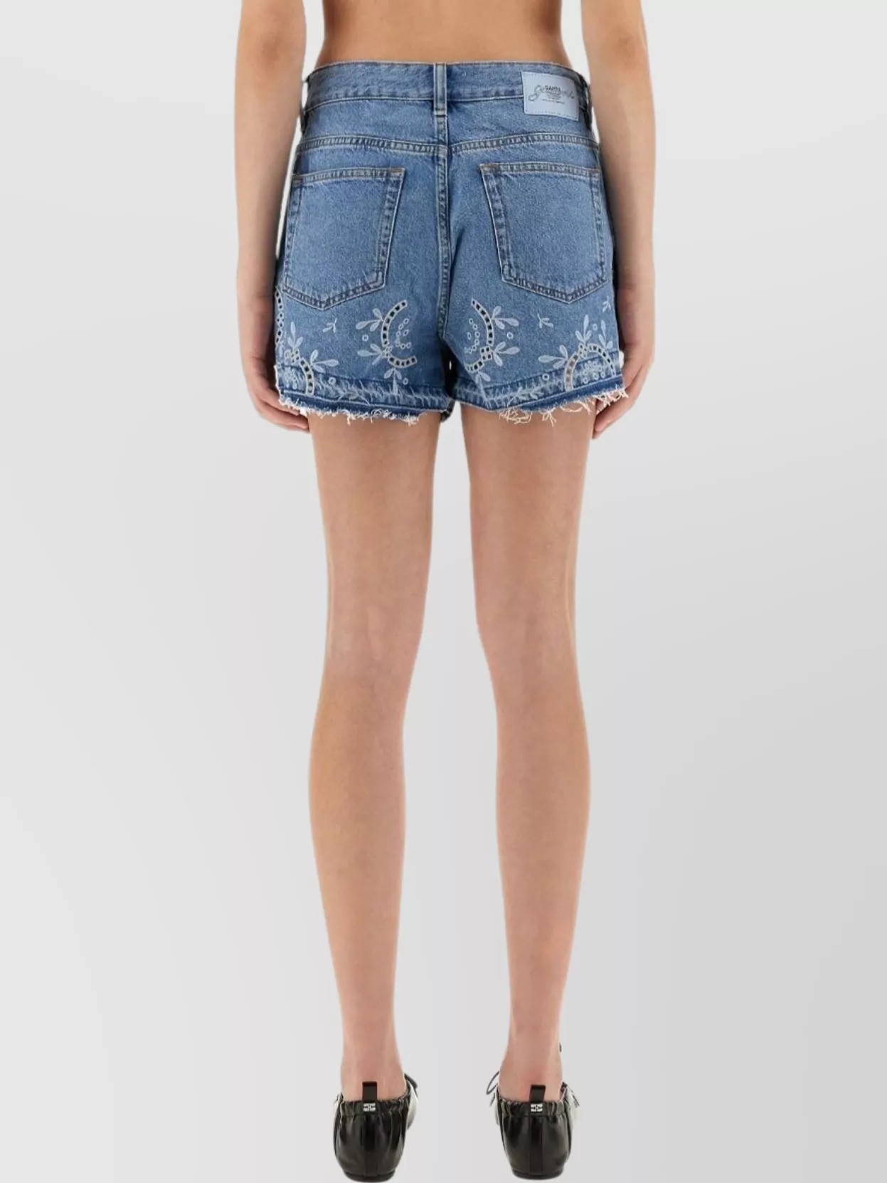 Ganni Embroidered Frayed Hem Shorts With Pockets And Loops