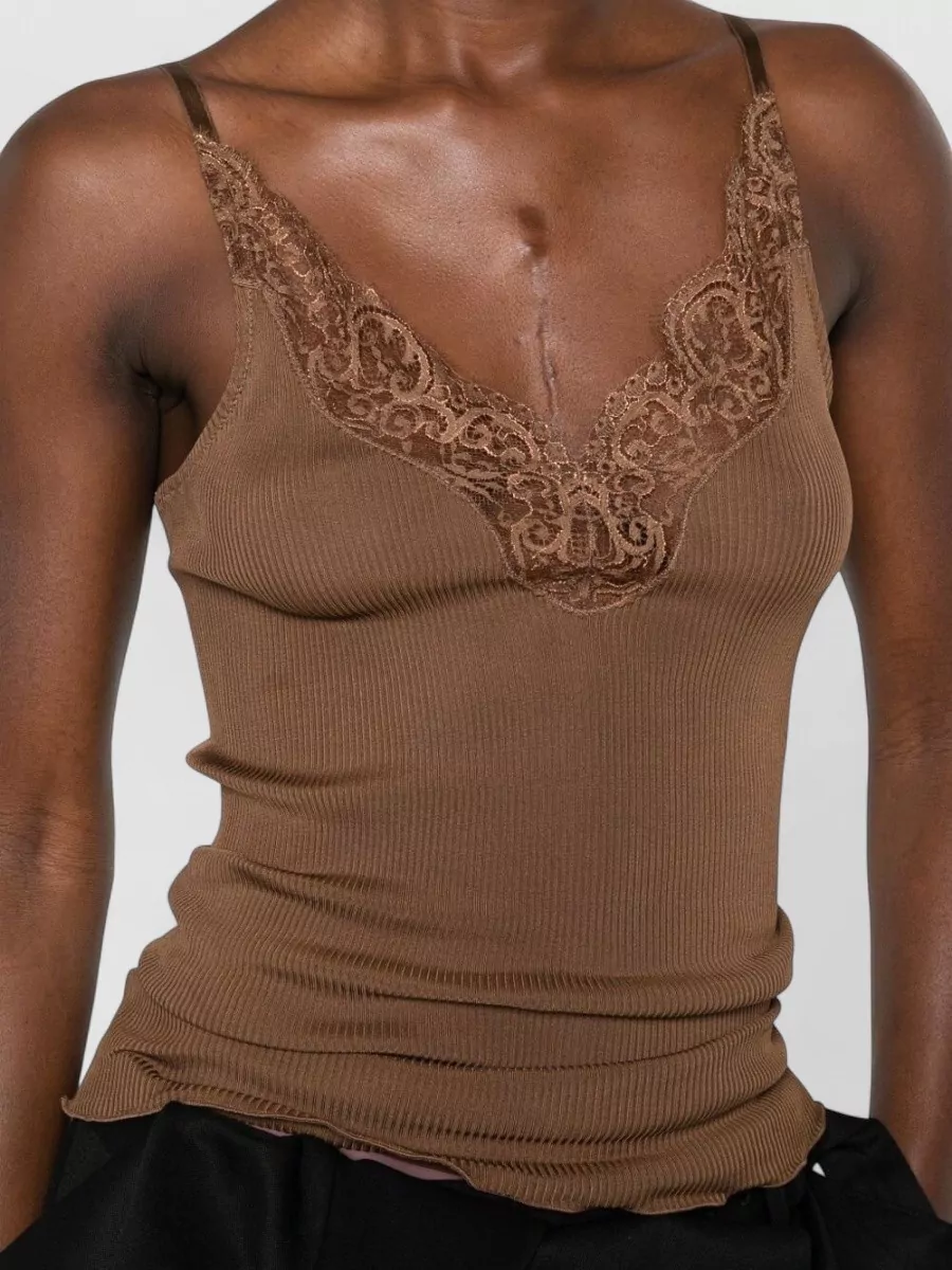 Saint Laurent Ribbed Knit Top Adjustable Straps Lace