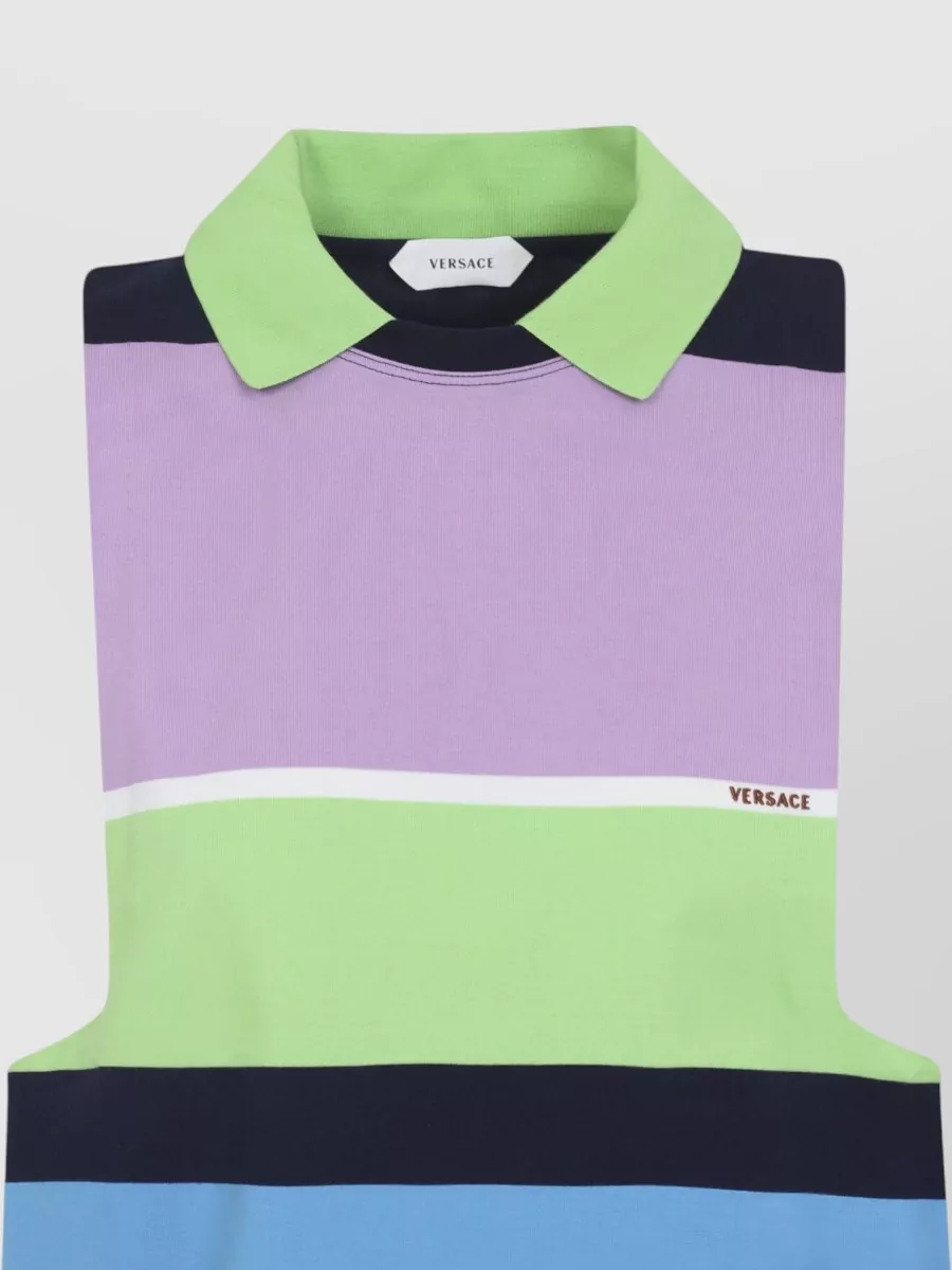 Versace Striped Sleeveless Cotton Polo Top