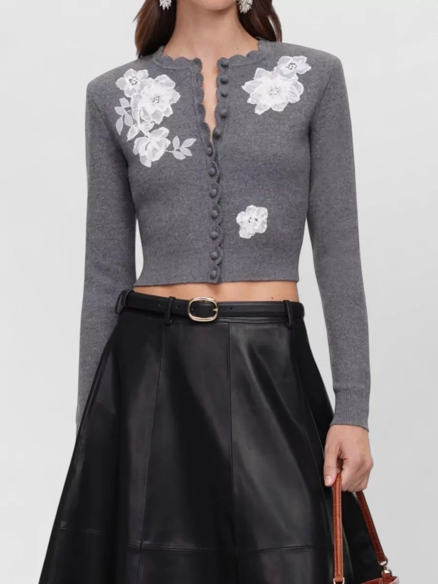 Self-Portrait Cashmere Blend Cropped Floral Appliqué Knit Cardigan