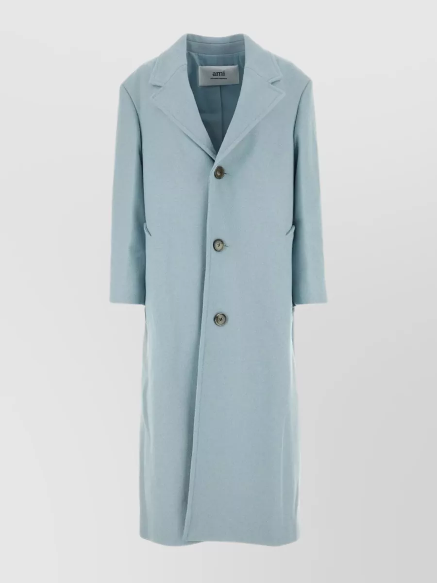 Shop Ami Alexandre Mattiussi Wool Blend Coat With Back Slit And Buttoned Cuffs In Blue