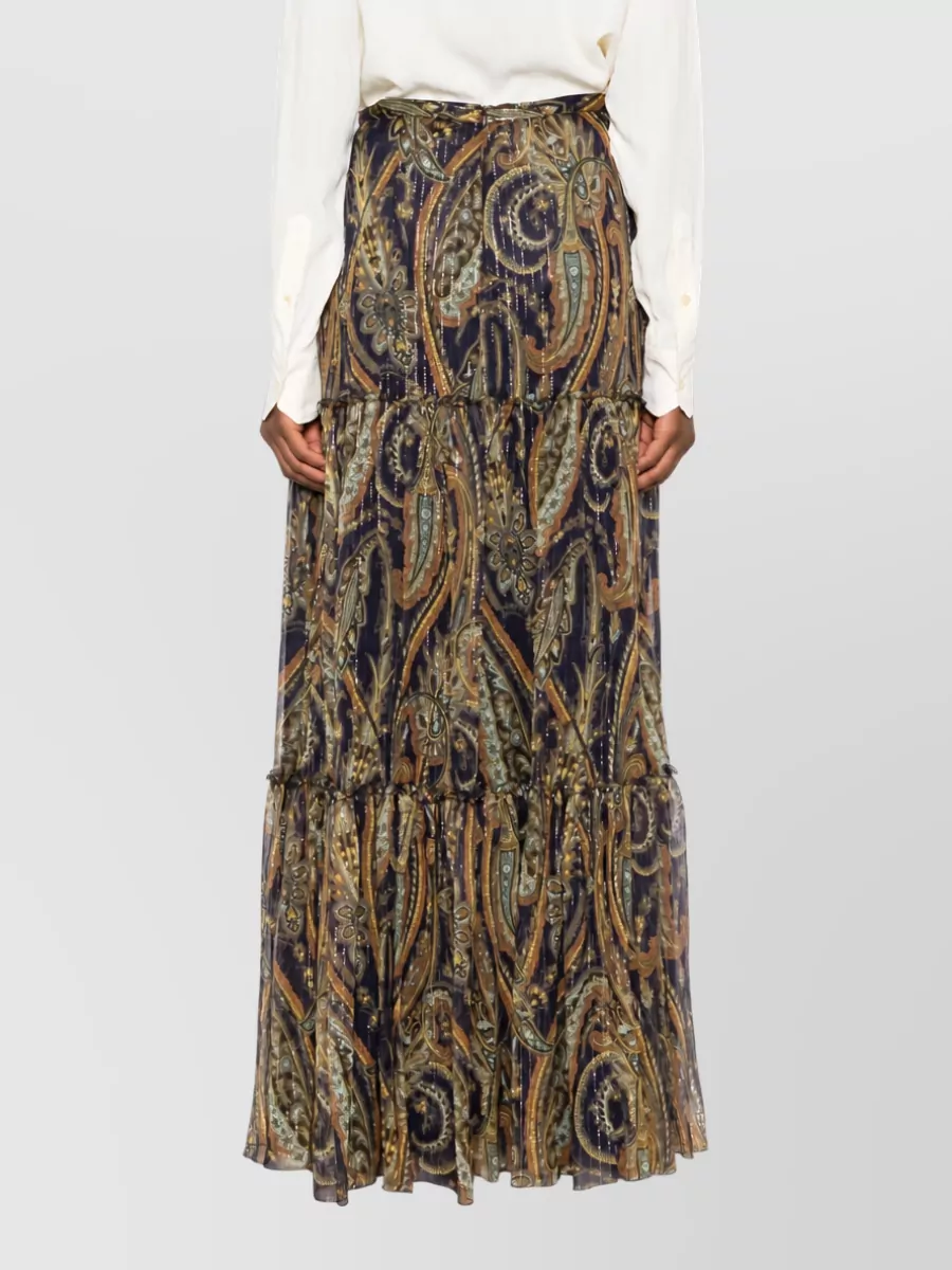 Etro Silk Paisley-Print Metallic-Thread Tiered Gathered Maxi Skirt