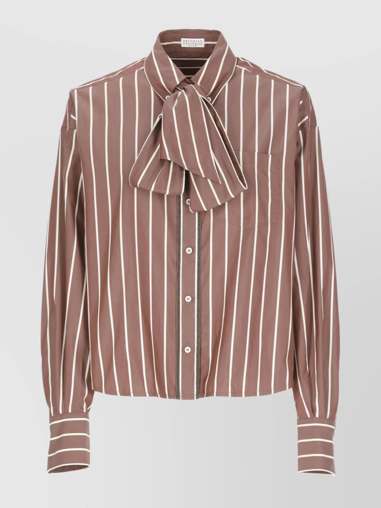 Brunello Cucinelli Striped Long Sleeve Top With Bow Detail In Brown
