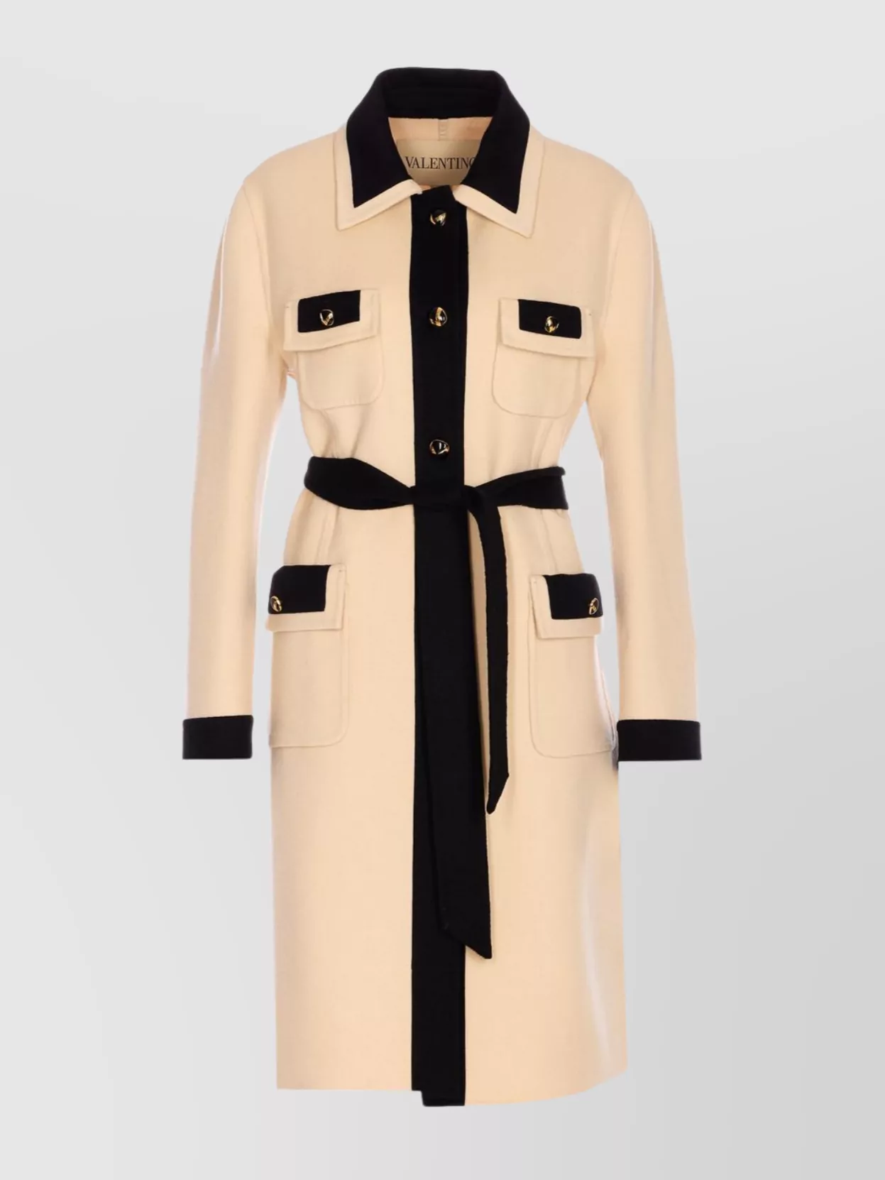 Valentino Belted Collar Coat With Contrasting Profiles And Pockets In Neutral