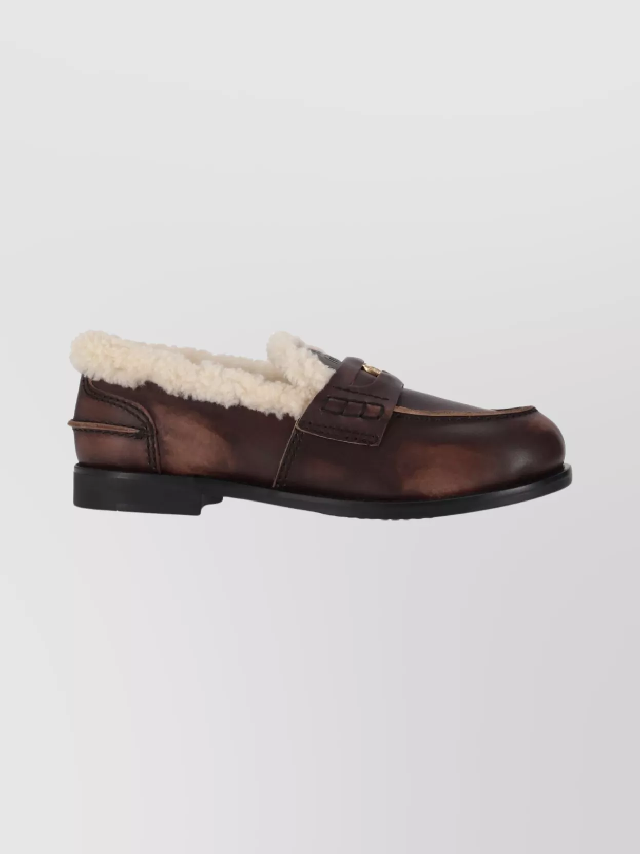 Miu Miu Leather Round Toe Loafers For Winter In Brown