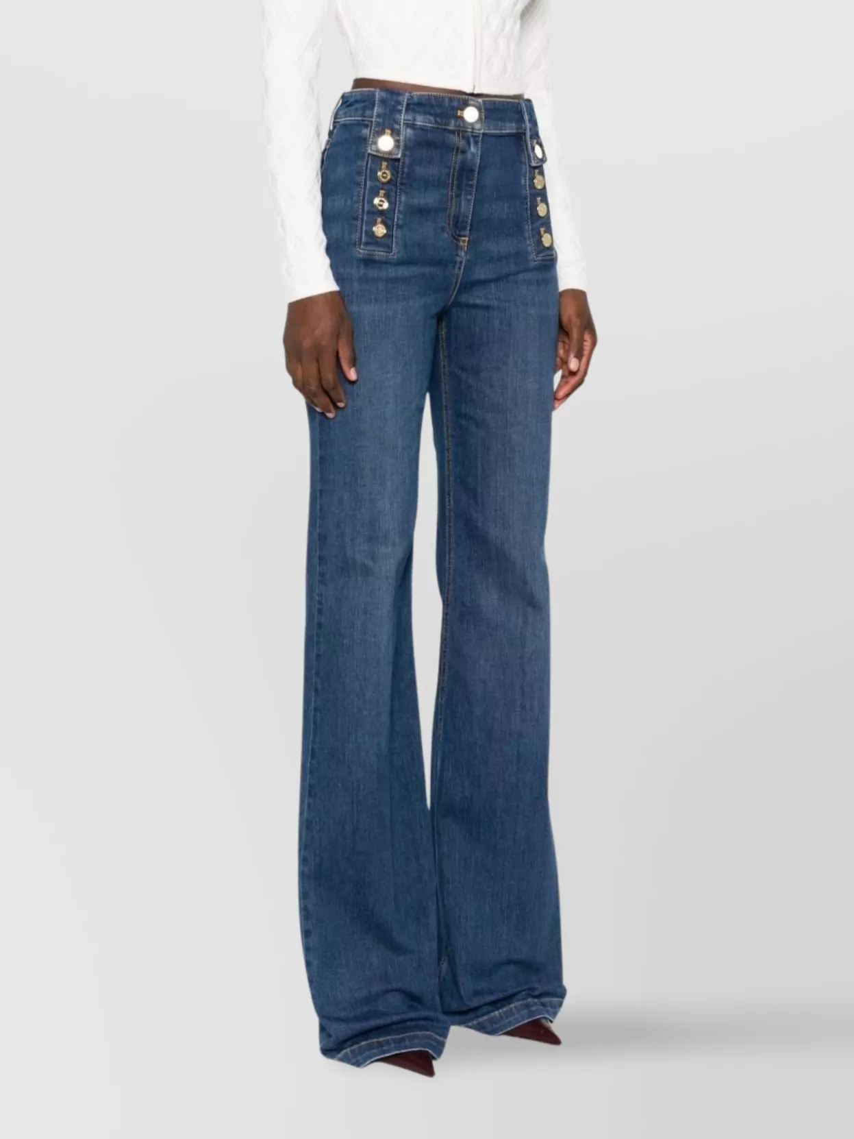 Elisabetta Franchi High-Rise Wide-Leg Denim Trousers With Back Pockets And Button Accents