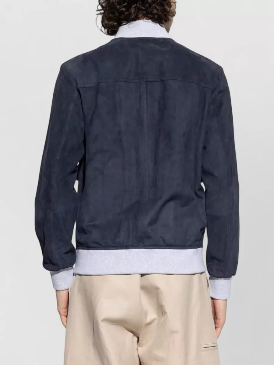 Eleventy Leather Jacket Chest Pockets Front Ribbed Hem