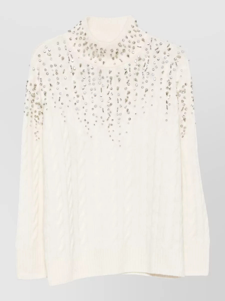 Ermanno Firenze Wool cashmere cable knit crystal embellished mock neck sweatshirt