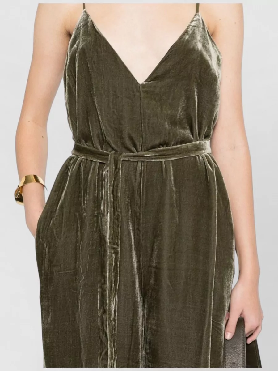 Gold Hawk Silk Velvet V-Neck Sleeveless Belted Wide-Leg Jumpsuit