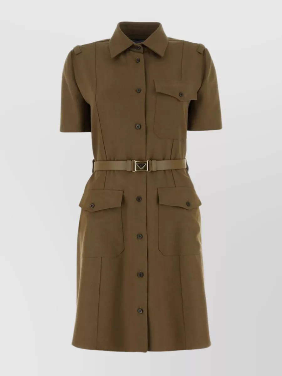 Shop Prada Mini Dress In Wool Gabardine With Detachable Belt In Brown