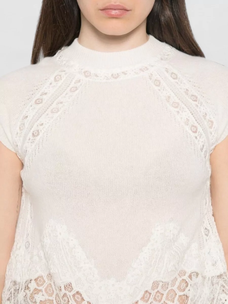 Ermanno Scervino Cashmere Lace-Trim High-Neck Short-Sleeve Knitted Top