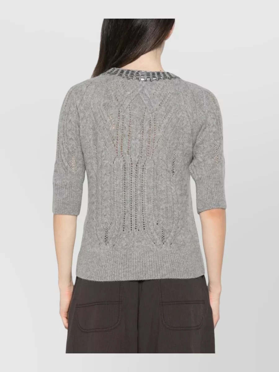 Ermanno Scervino Cashmere Cable-Knit Crystal-Embellished Short-Sleeve Sweater