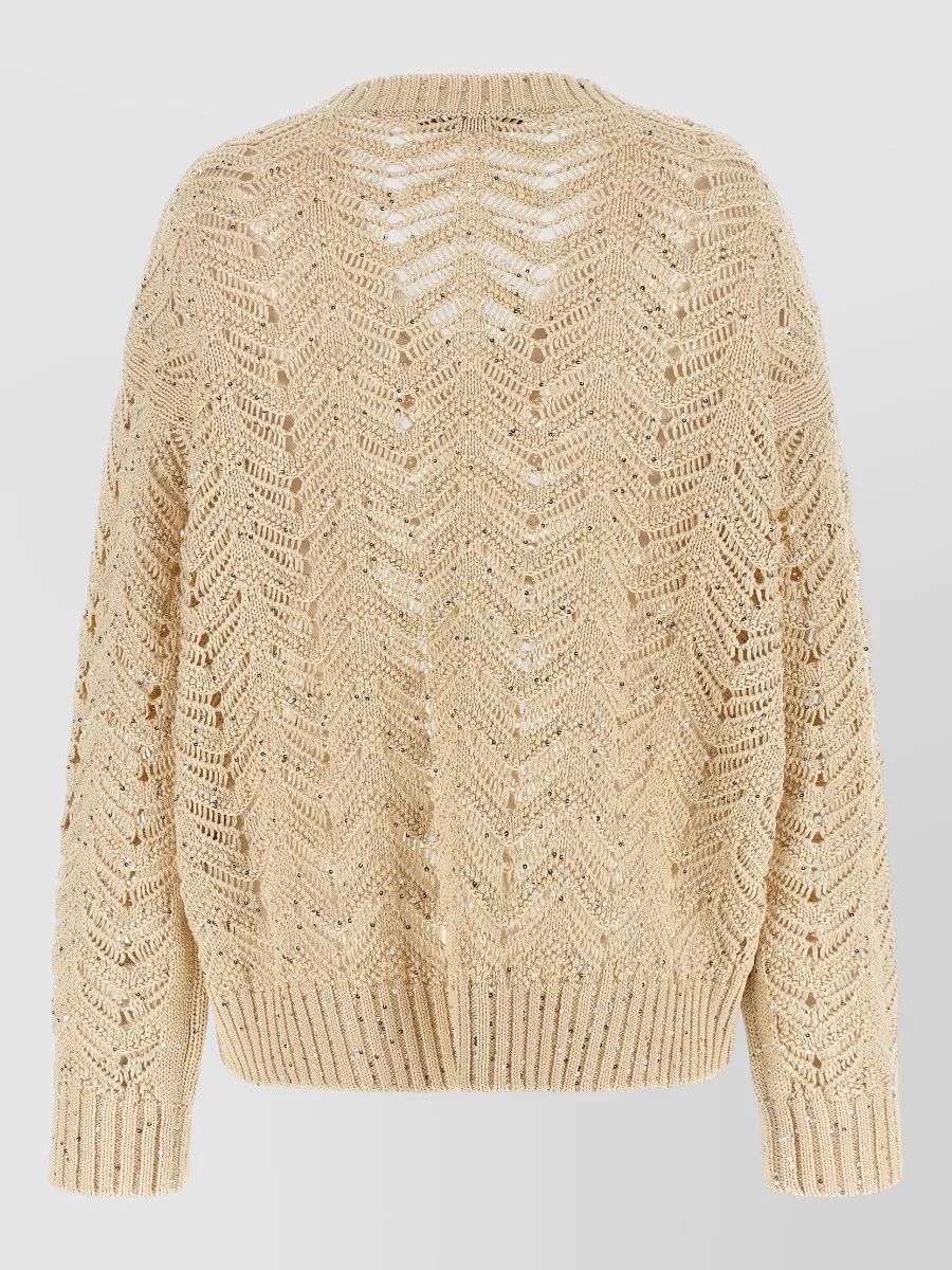 S Max Mara Cotton Chevron-Knit Sequin V-Neck Long-Sleeve Sweater