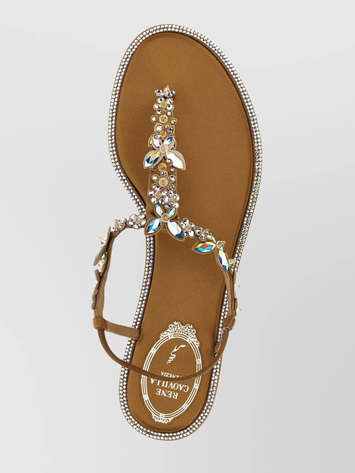 René Caovilla Strappy Sandals Rhinestone T-strap In Brown