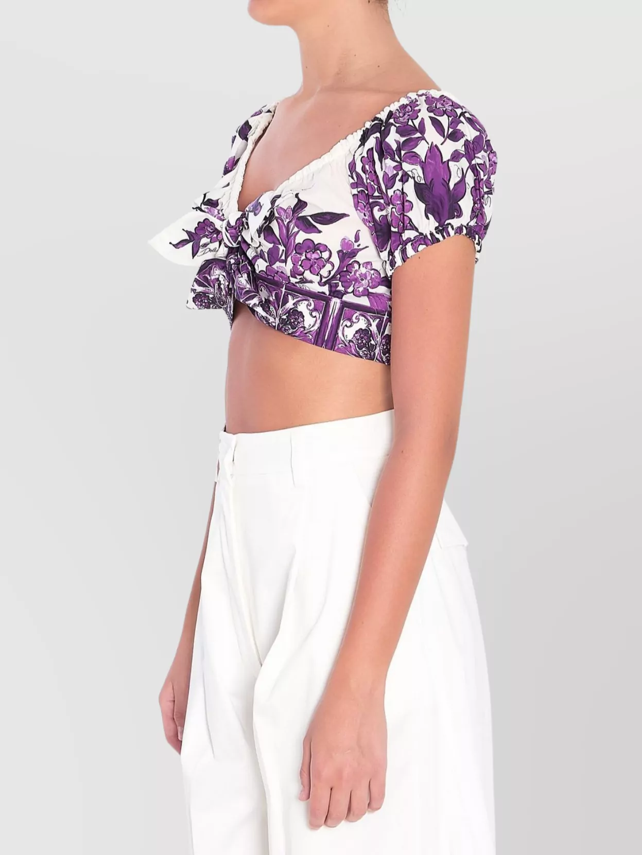 Dolce & Gabbana Cotton Majolica Print Crop Top In Purple