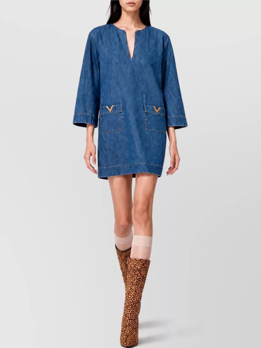 Valentino Denim Chambray Dress V Neckline Pockets