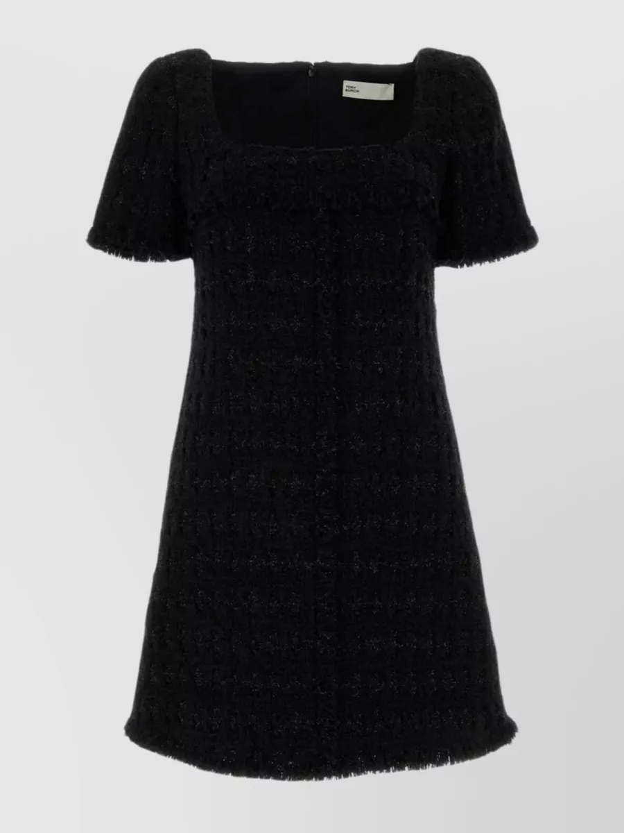 Shop Tory Burch Tweed Square Neck Mini With Fringed Trimmings In Black