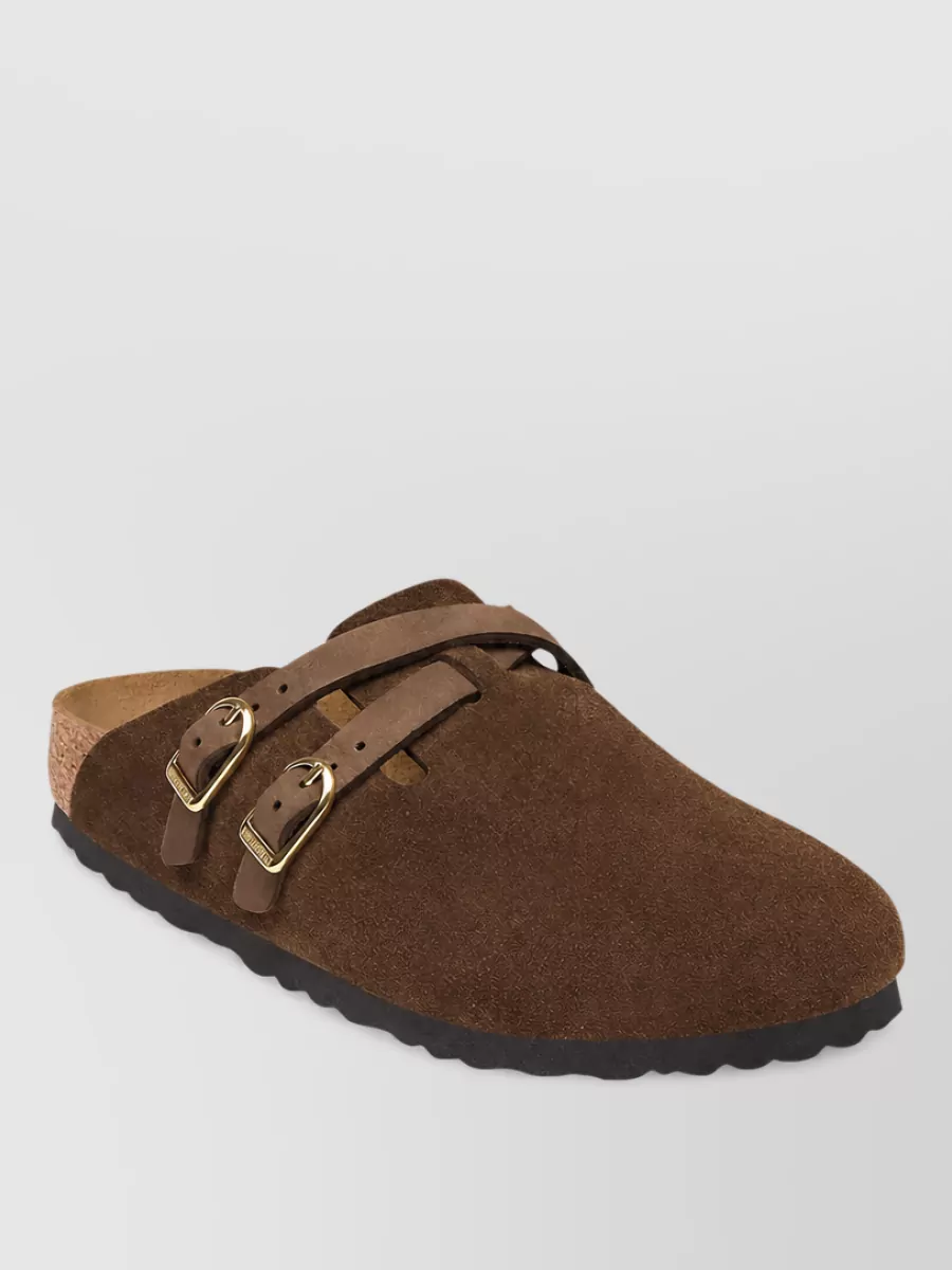 Birkenstock suede crossover strap mules