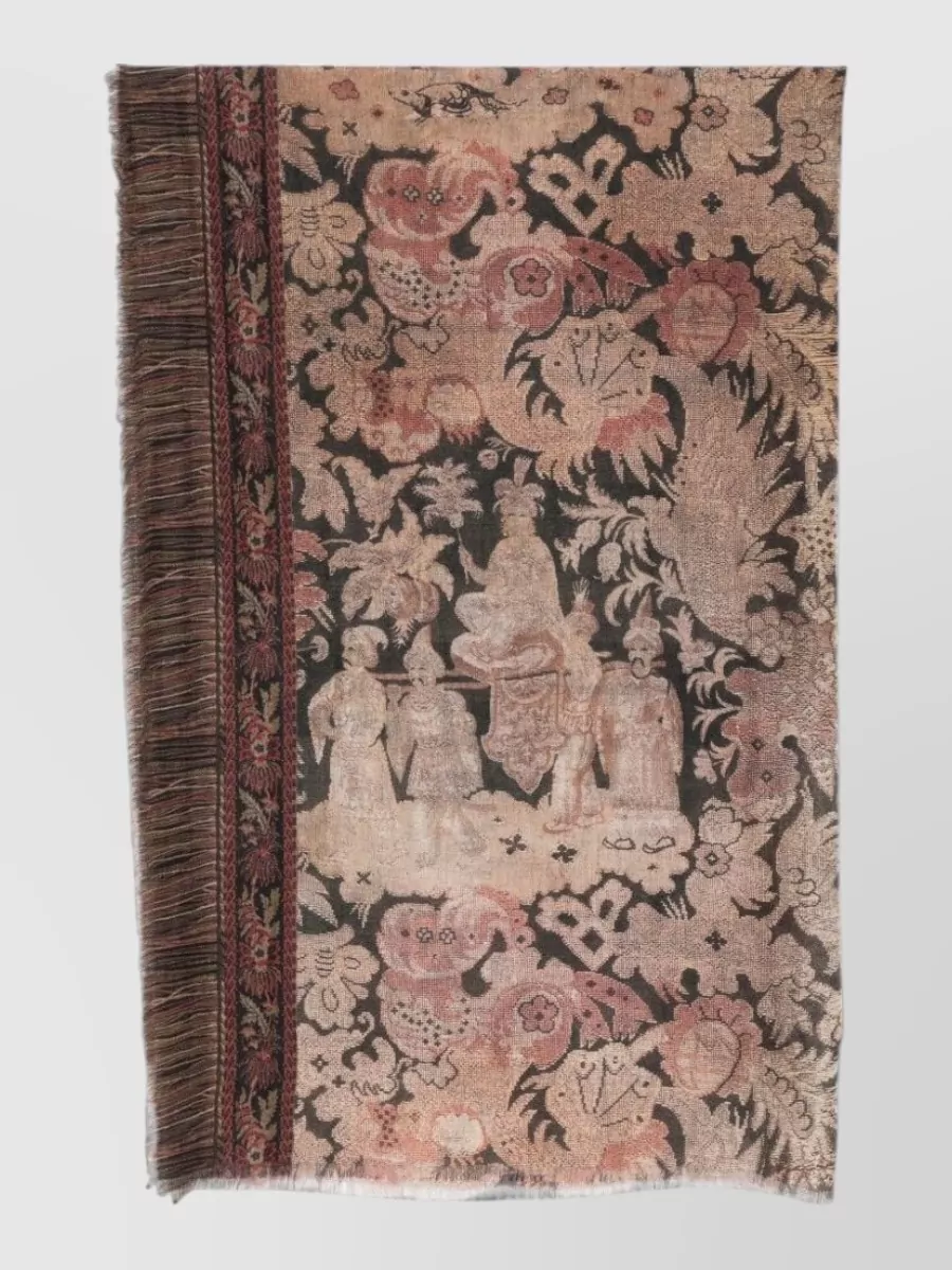 Pierre Louise Mascia Cashmere Scarf Jacquard Motif Floral Border