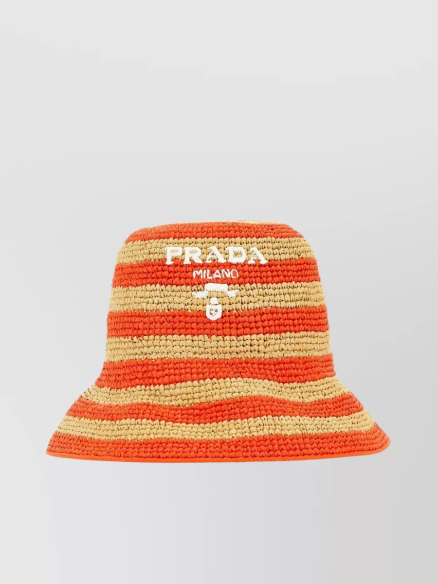Shop Prada Striped Embroidered Raffia Hat In Orange