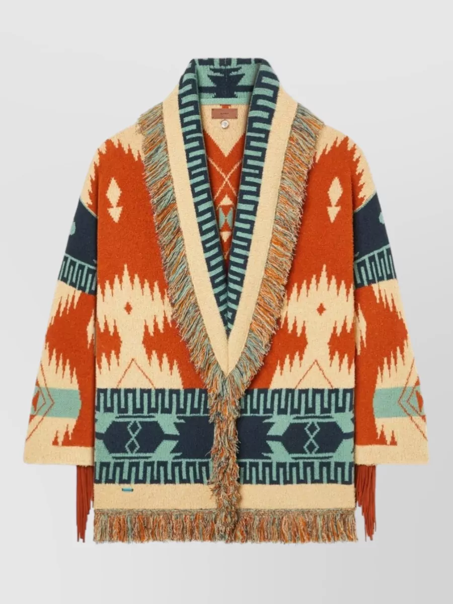 Alanui Fringed Geometric Knit Belted Cardigan
