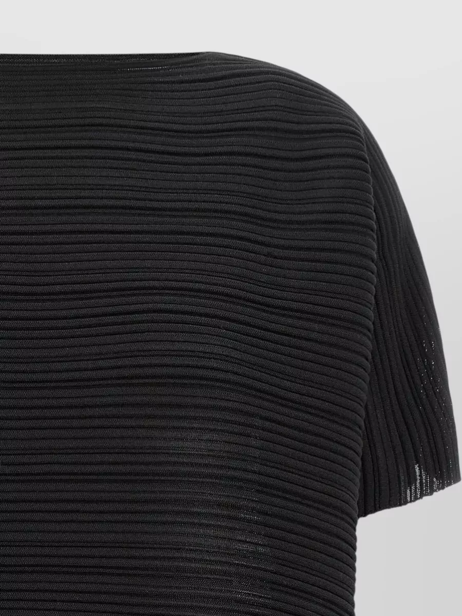 Pleats Please Issey Miyake Ribbed Cropped Boat Neck Short Sleeve Knitted Top