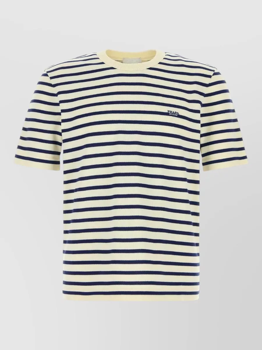 Prada Cotton Crew Neck Striped Logo T-shirt In Multi