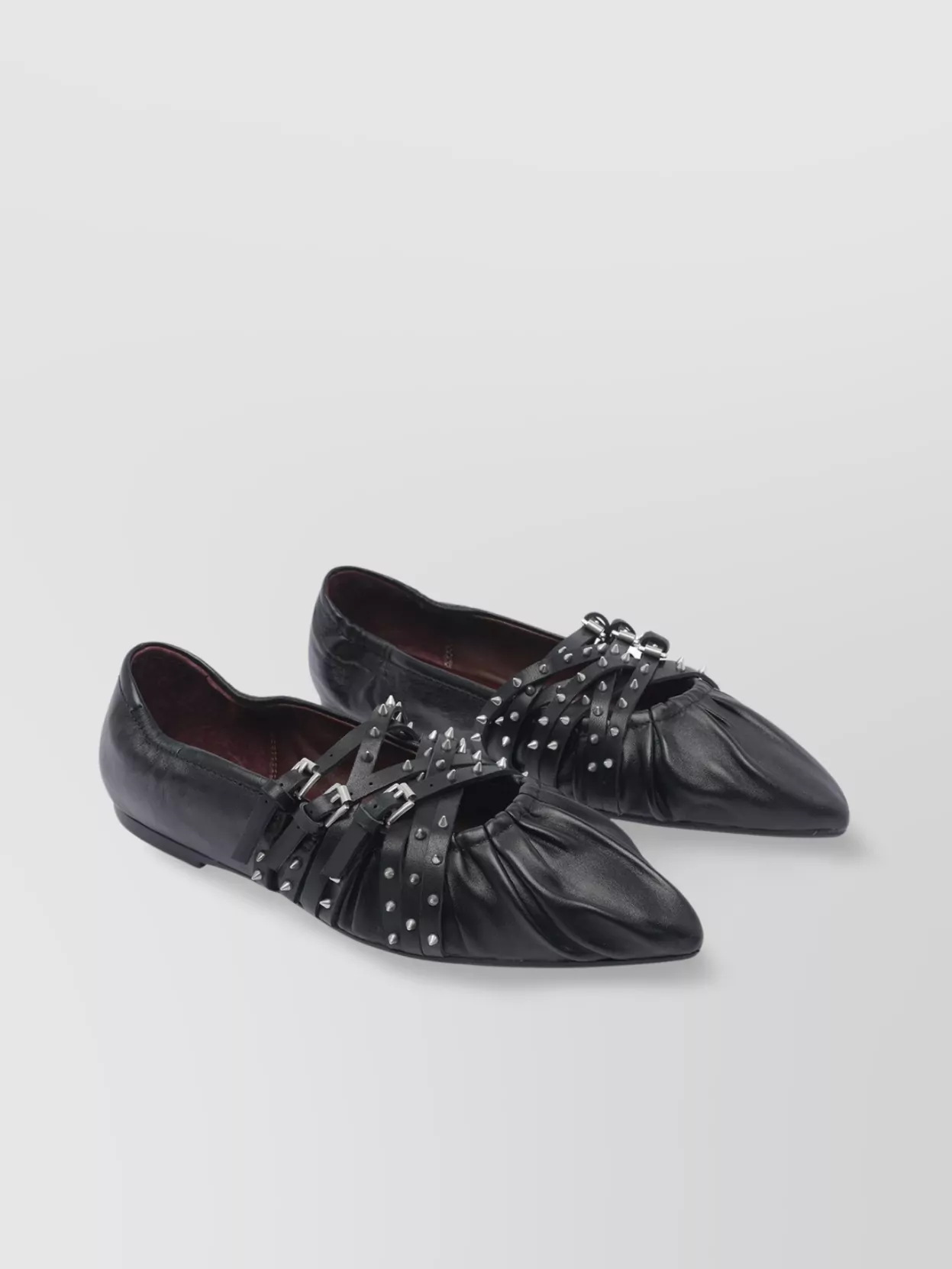 Ash Pointed Toe Leather Ballerina Shoes With Buckles And Studs