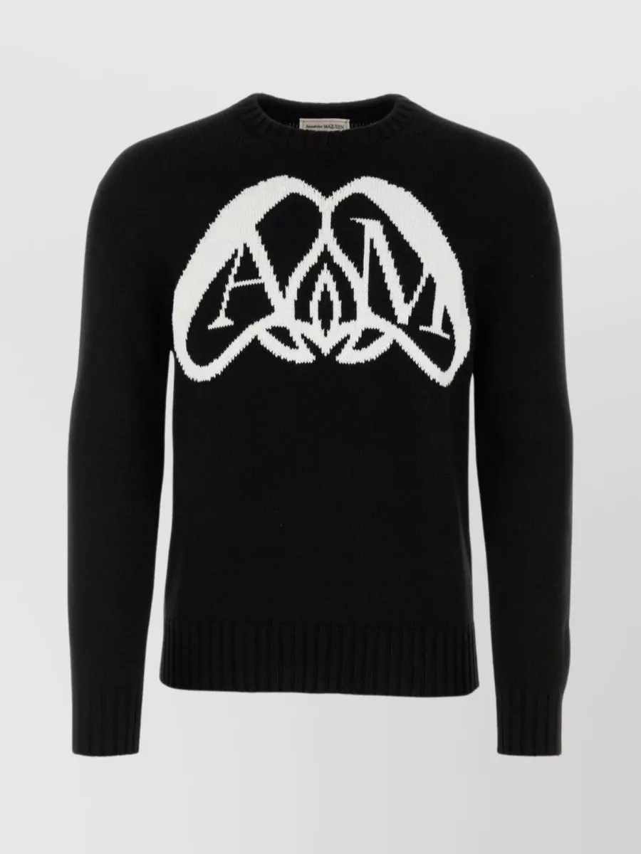 Shop Alexander Mcqueen Cotton Ribbed Crew-neck Sweater With Graphic Detail In Black