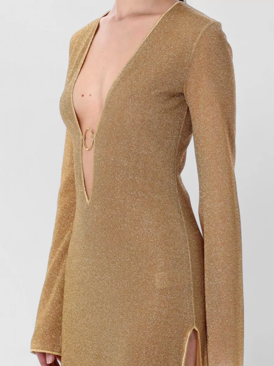 Oséree Metallic Knit V-Neck Long-Sleeve Maxi Kaftan