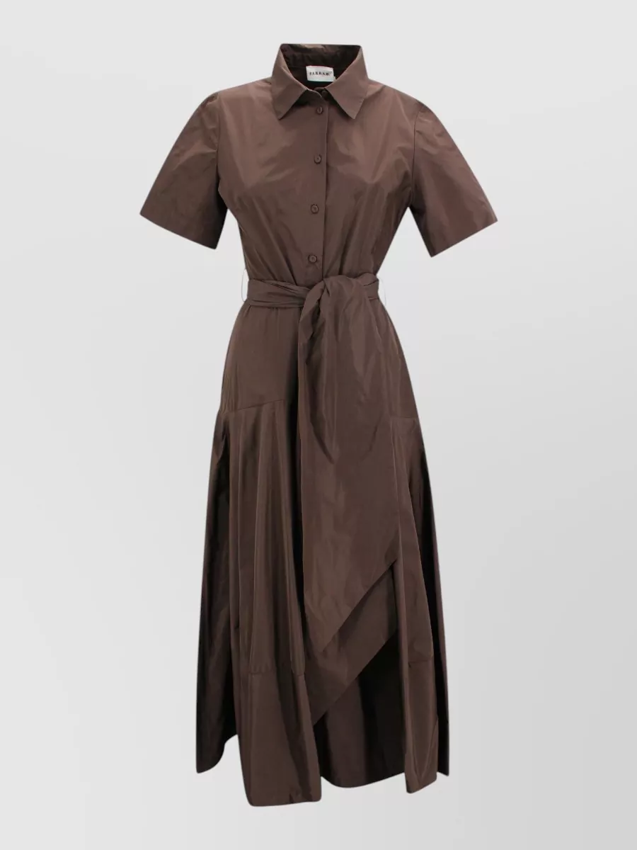 Parosh Taffeta Belted Short-Sleeve Midi Shirt Dress