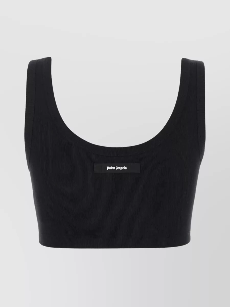 Shop Palm Angels Cropped Ribbed Cotton Top In Black