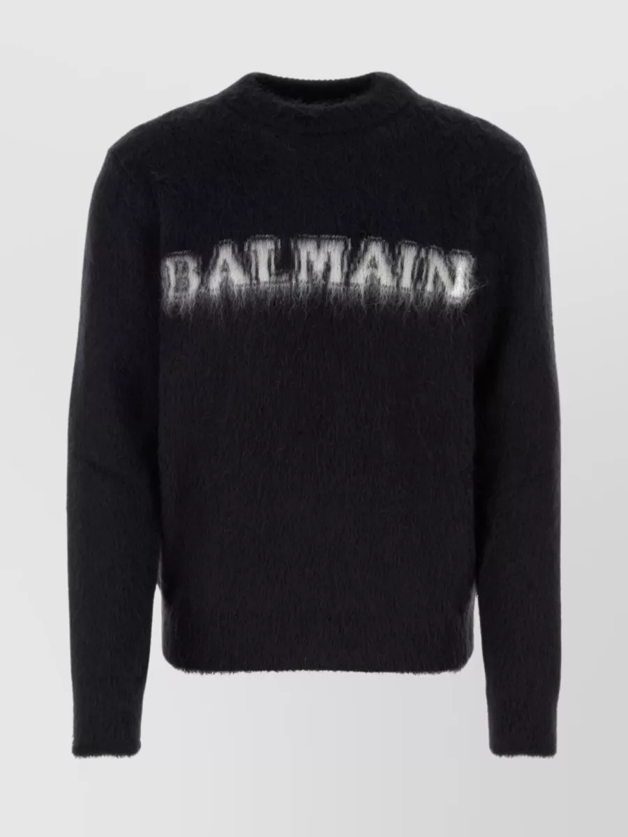 Shop Balmain Ribbed Wool Blend Crewneck Sweater In Black
