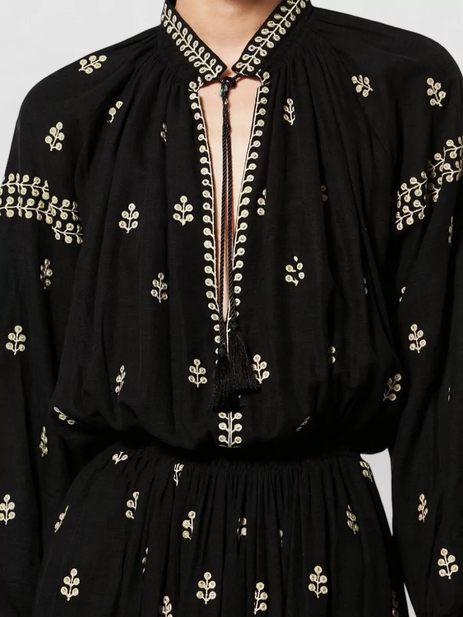 Isabel Marant Rodilia Silk Long Sleeve V Neck Dress