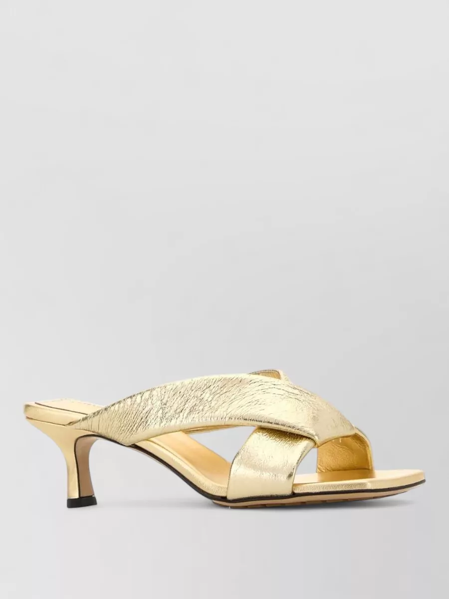 Bottega Veneta Metallic Cross Strap Open Toe Mules In Gold