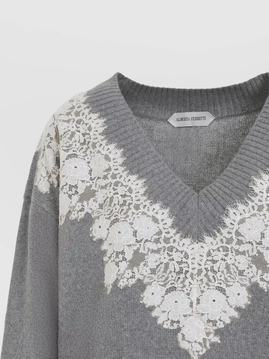 Alberta Ferretti Cashmere V-Neck Fine-Knit Lace-Appliqué Sweater