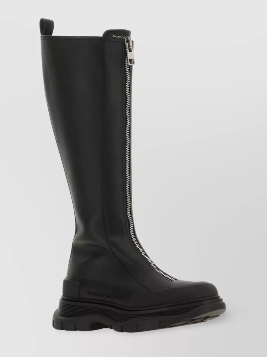 Shop Alexander Mcqueen Leather Lug Sole Knee Boots In Black