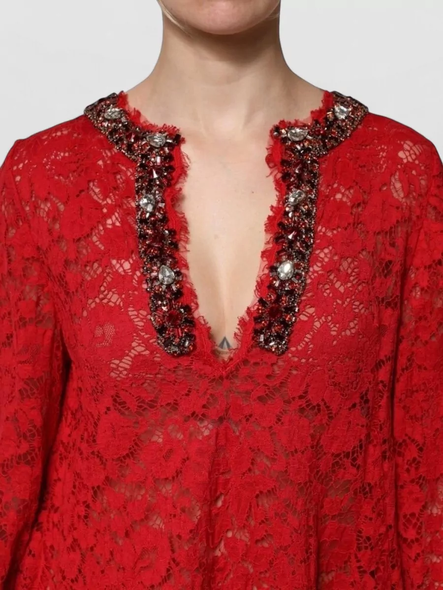 Dolce&Gabbana Lace Crystal-Embellished V-Neck Long-Sleeve Maxi Dress