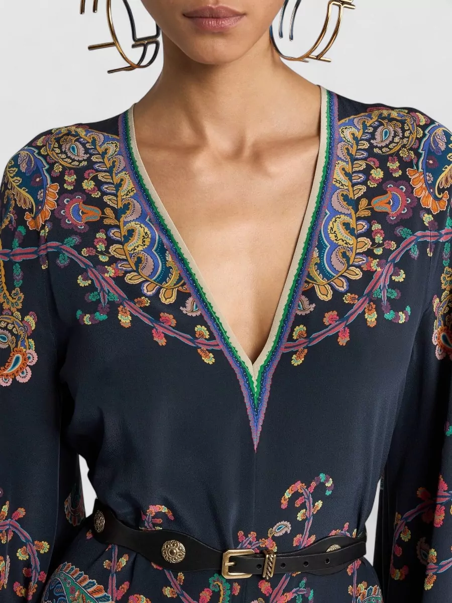 Etro Silk Paisley Print V-Neck Long-Sleeve Belted Mini Dress