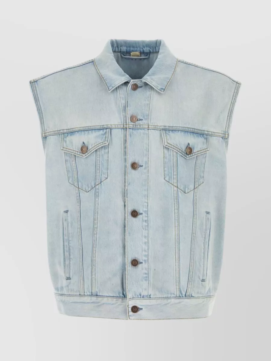 Shop Gucci Flap Pocket Denim Vest In Blue