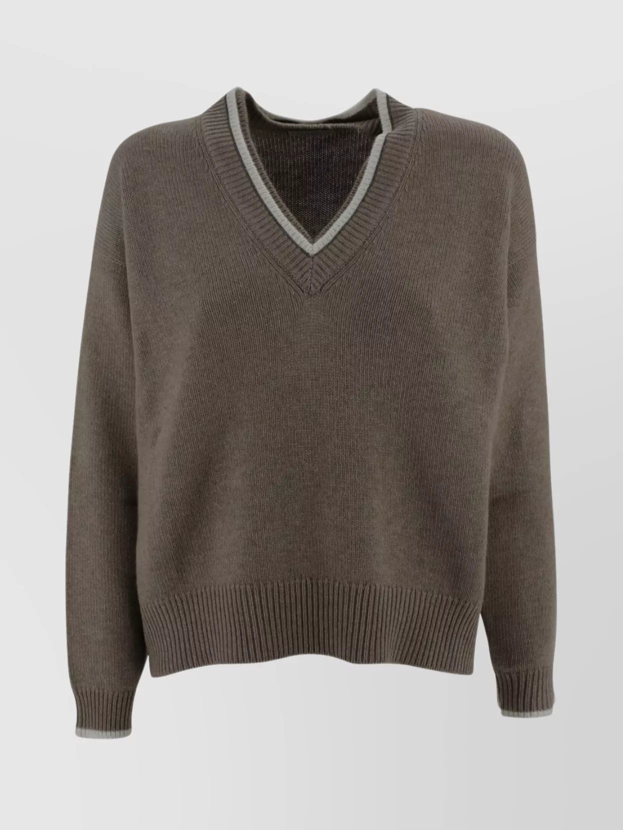 Brunello Cucinelli Ribbed V-neck Sweater Contrasting Border In Neutral