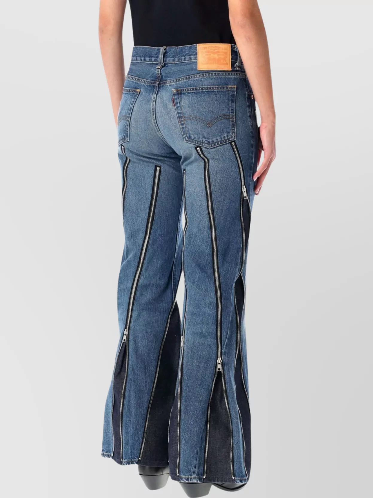 Junya Watanabe Flared Denim Trousers With Zipper Detail In Blue