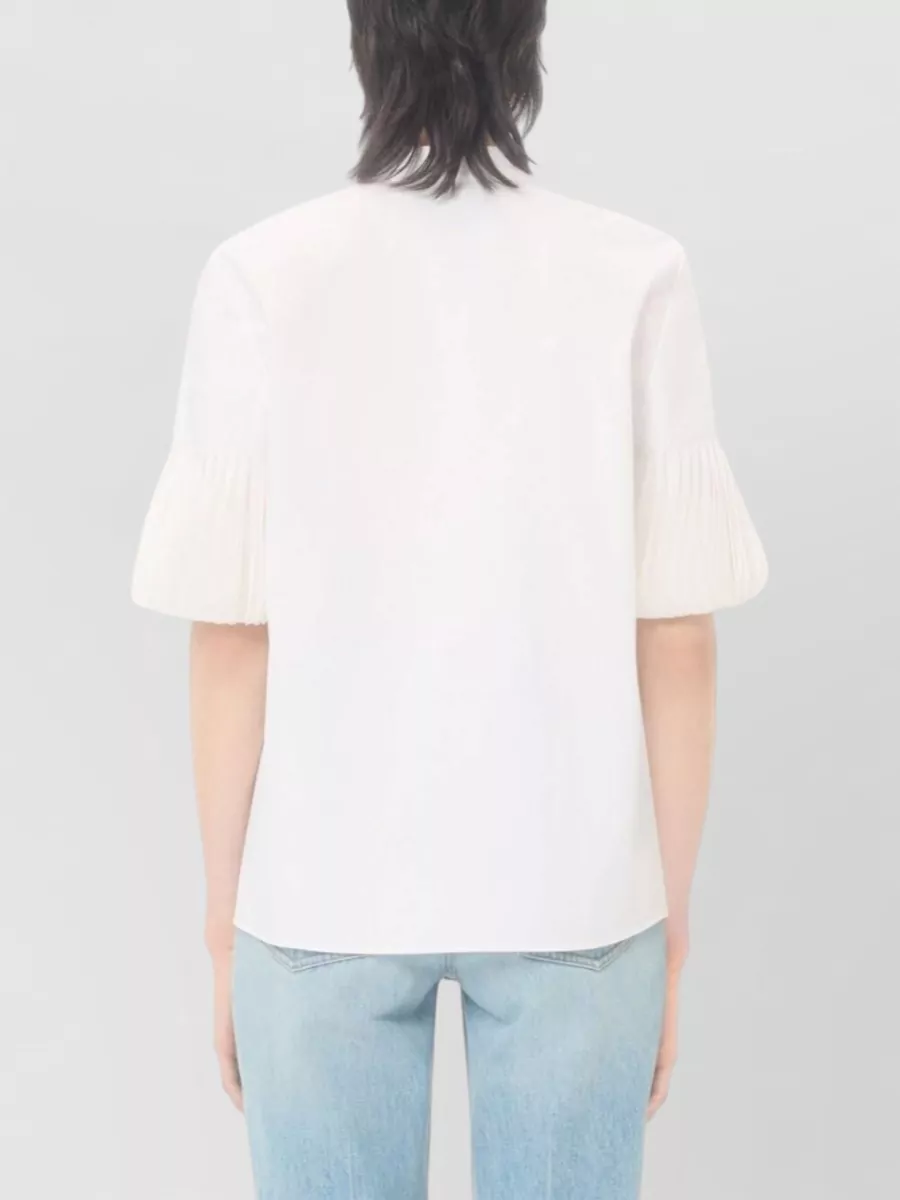 Valentino Cotton Mandarin Collar Pleated Sleeve Blouse