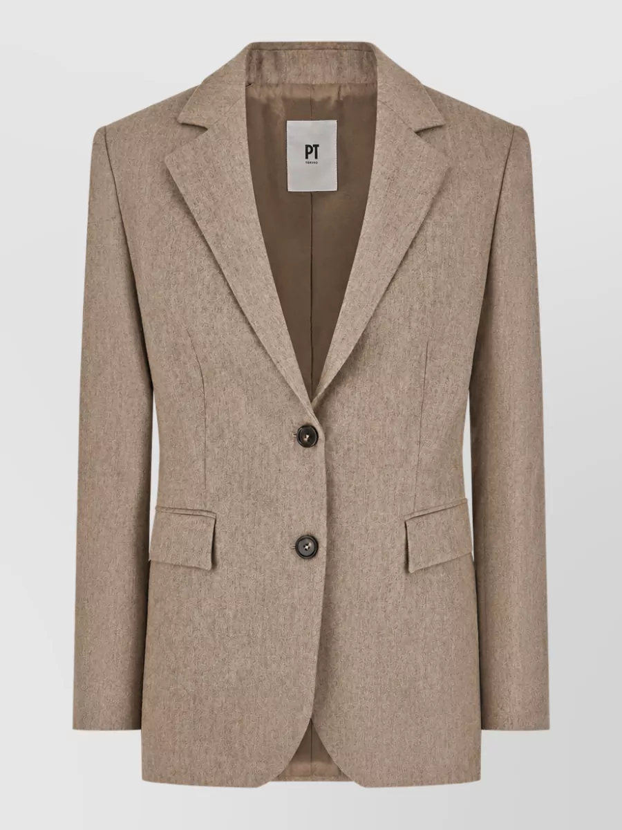 Pt Torino Suit jacket — The Pt Torino single-breasted blazer in heathered taupe creates a refined, tonal column with the taupe wide-leg trouser, keeping the mood softly tailored and cohesive for polished day-to-dinner dressing.