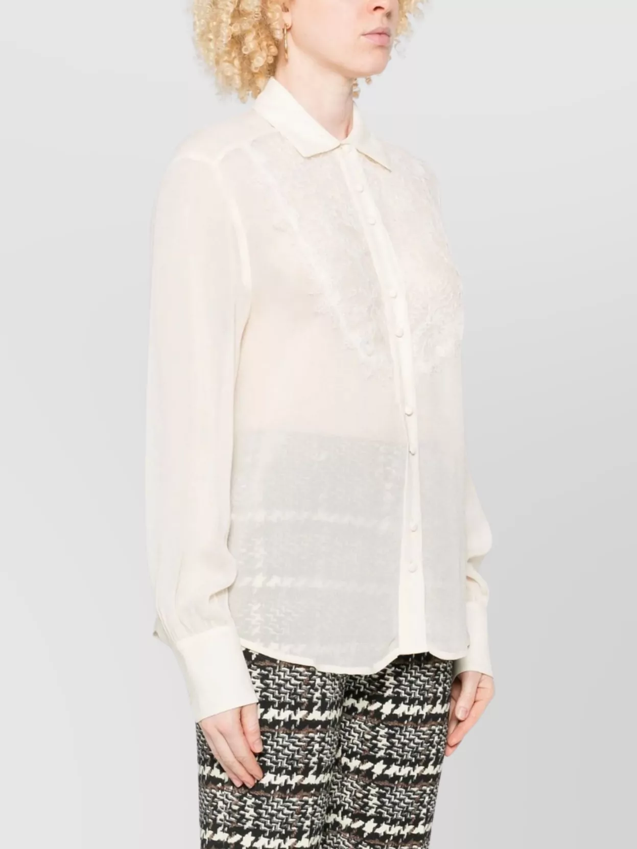 Ermanno Firenze Sheer Long Sleeve Lace Collared Top